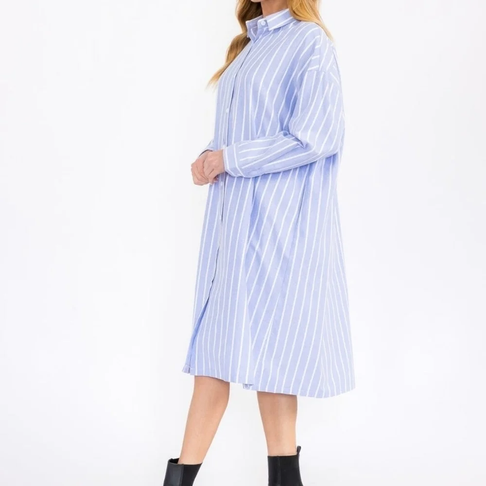 Million‎ Colors Blue Striped Midi Shirt Dress Long Sleeve Linen Cotton